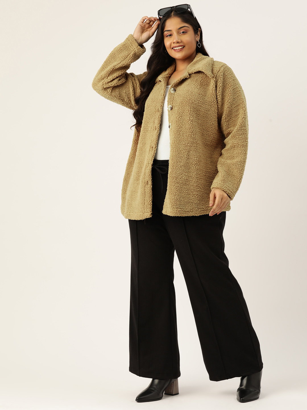 Women's Plus Size Camel Brown Color Teddy Winter Jacket