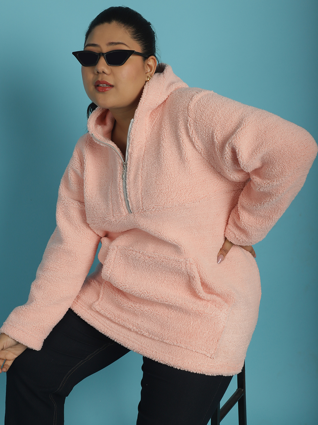 Women's Plus Size Pink solid color Teddy Sweatshirt