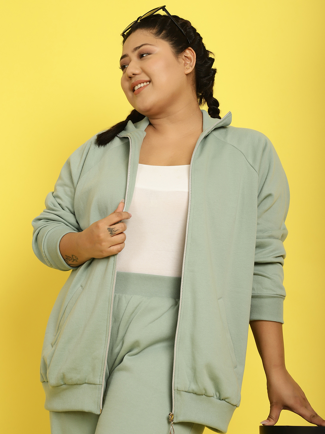 Women's Plus Size Light Green Solid Color Fleece Winter Jacket