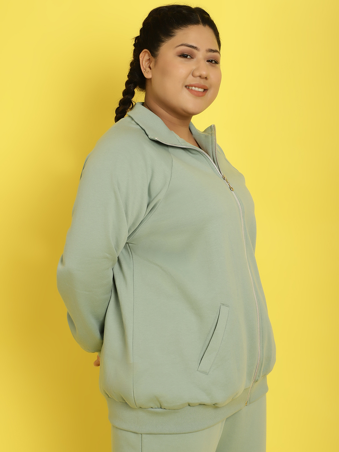 Women's Plus Size Light Green Solid Color Fleece Winter Jacket