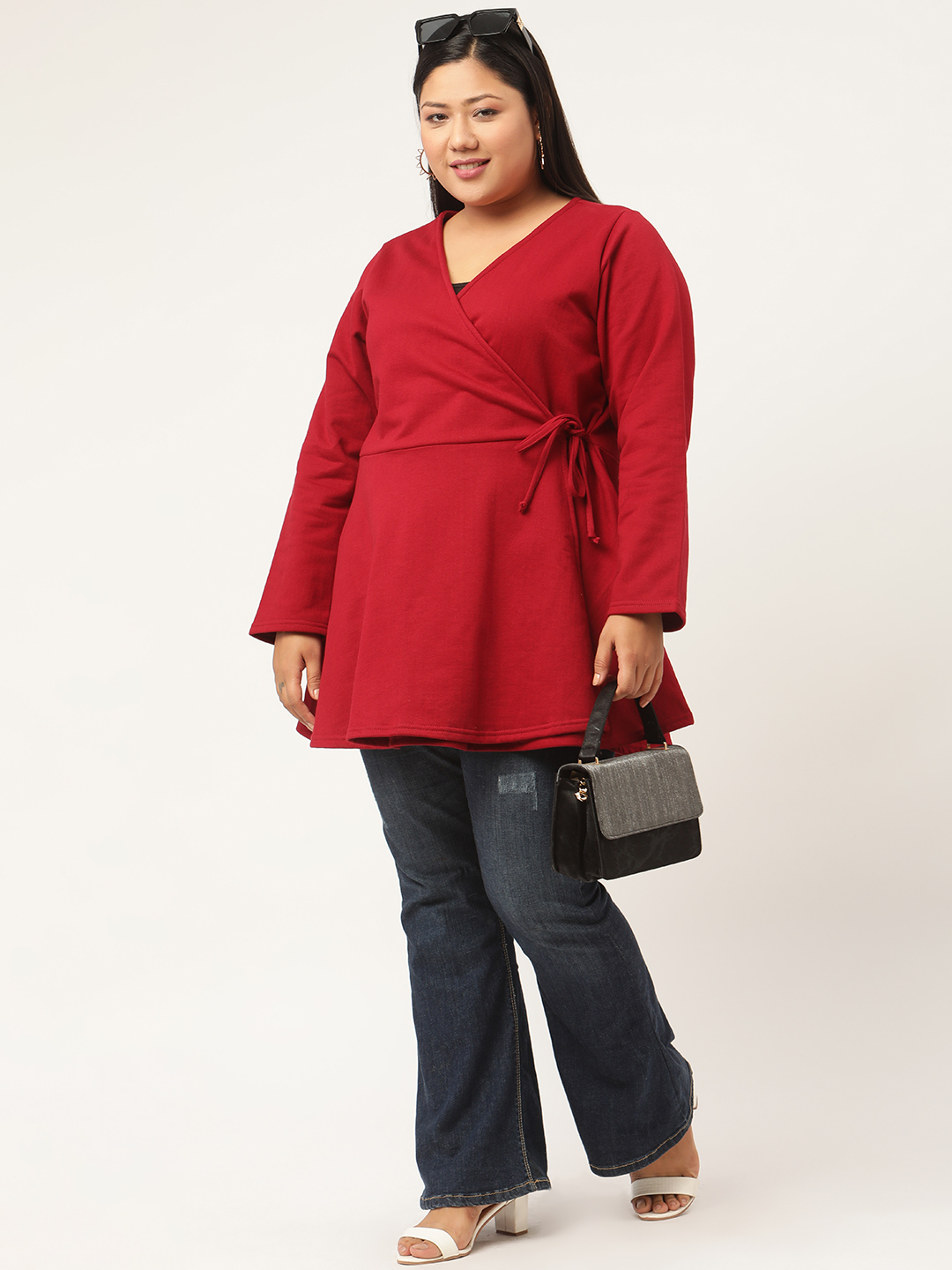 Women's Plus Size Maroon Solid Color Fleece Peplum Top