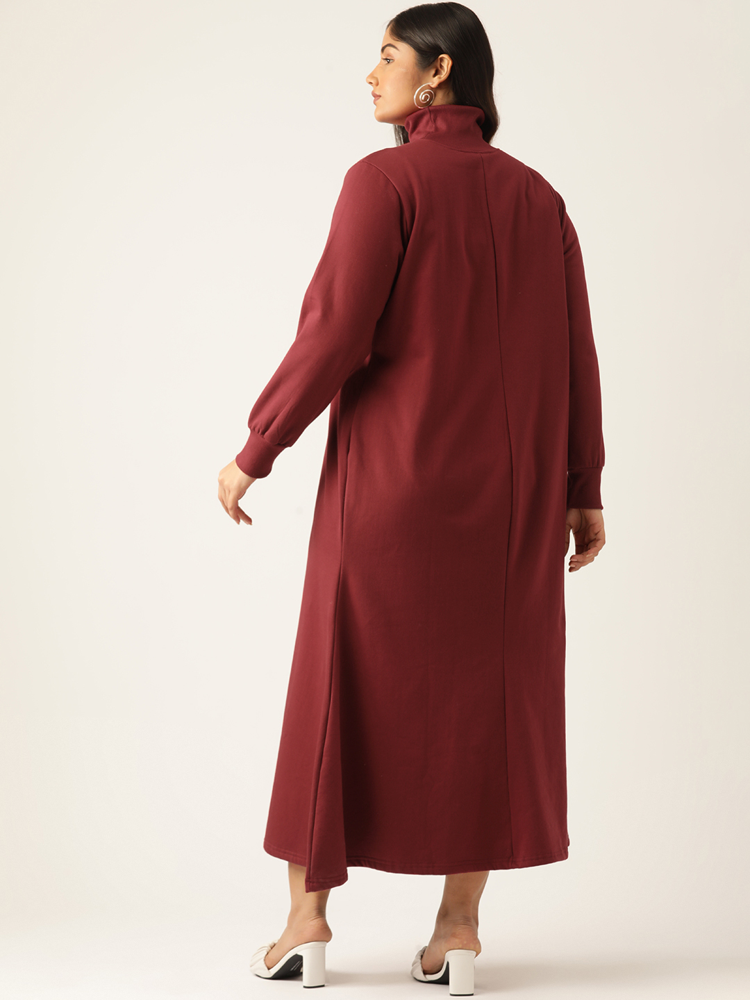 Women's Plus Size Maroon solid color knitted Fleece Maxi Dress