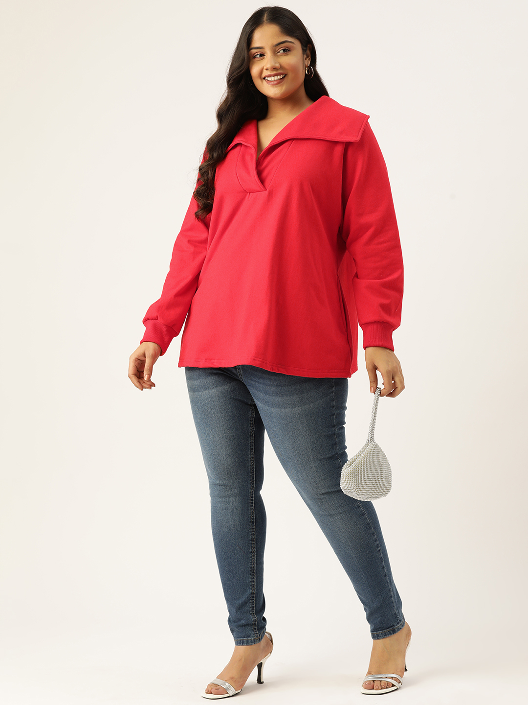 Women's Plus Size Red Solid Color Knitted Winter Top