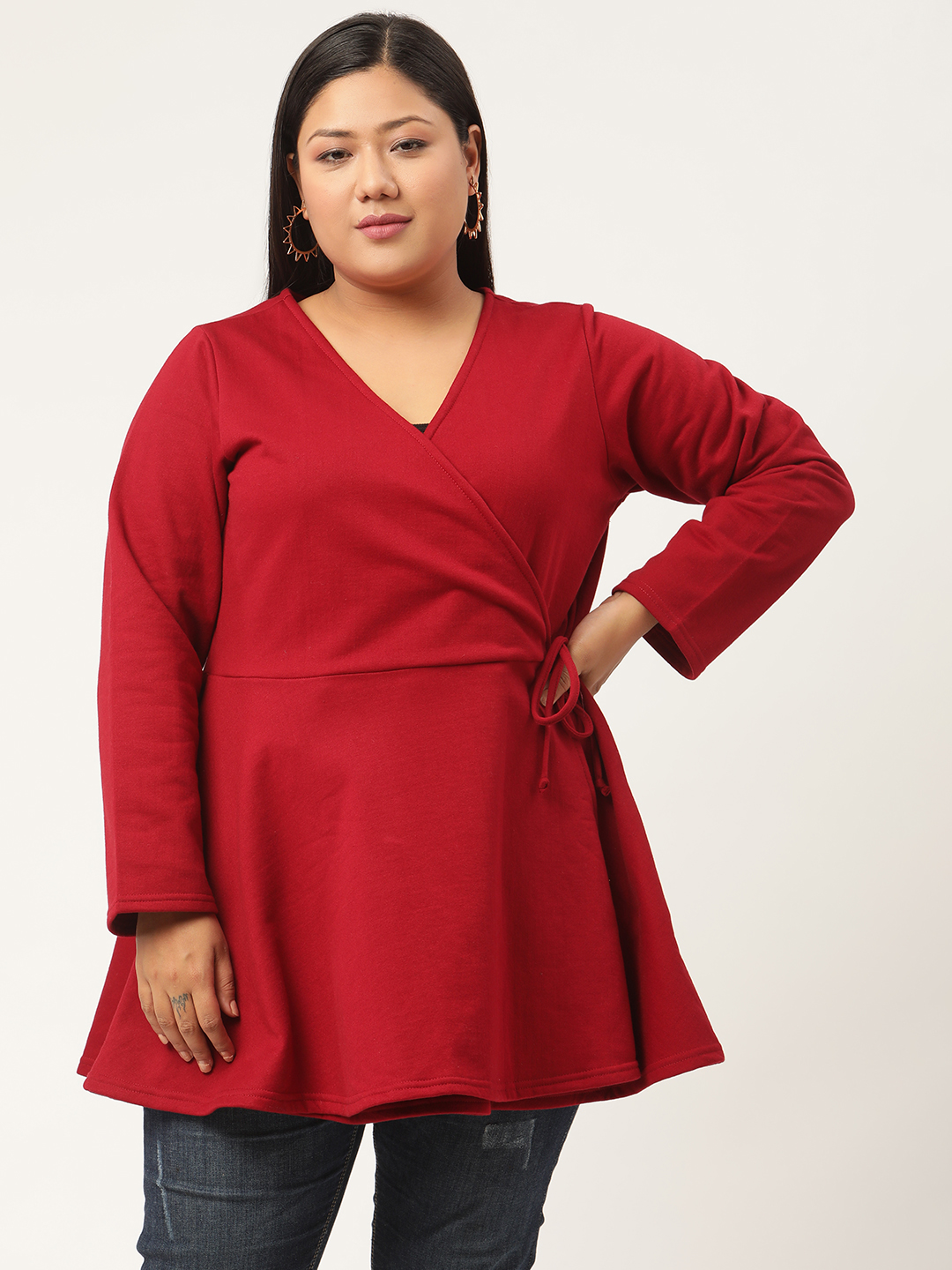 Women's Plus Size Maroon Solid Color Fleece Peplum Top