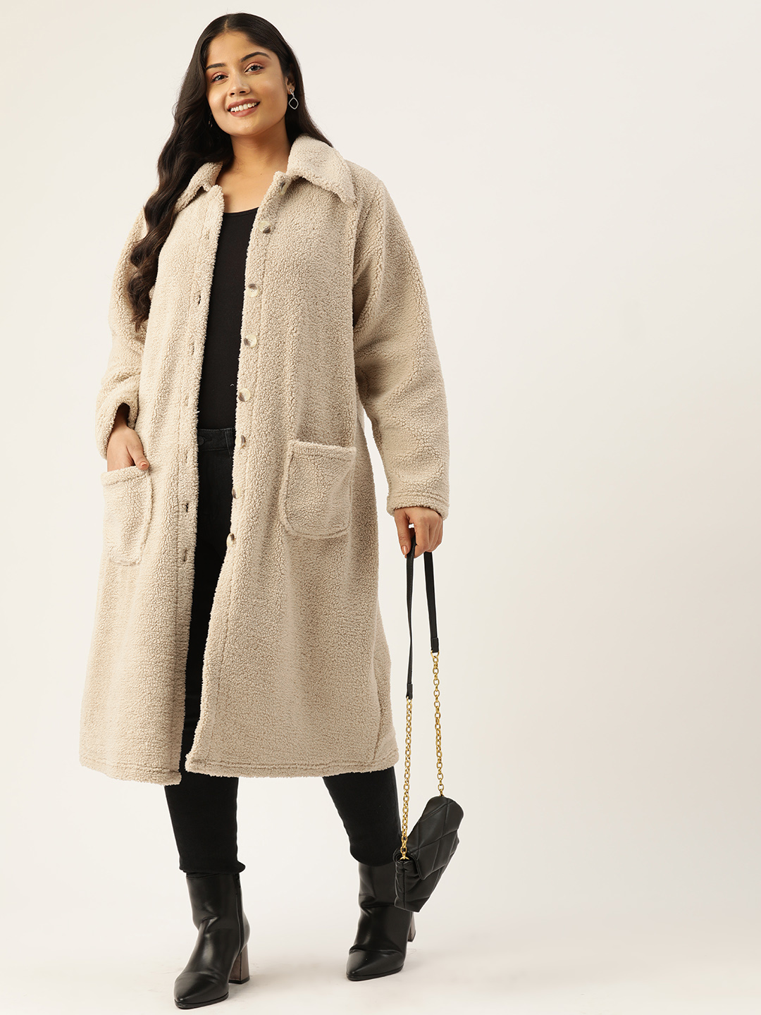Women's Plus Size Off White Color Teddy Winter Longline Jacket