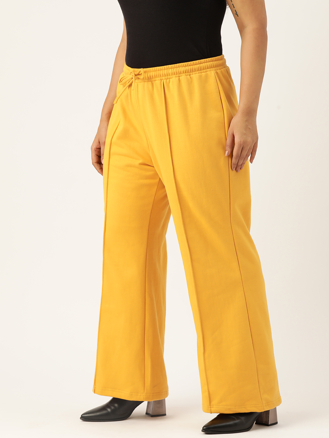 Women's Plus Size Yellow Solid Color Fleece Winter Trouser