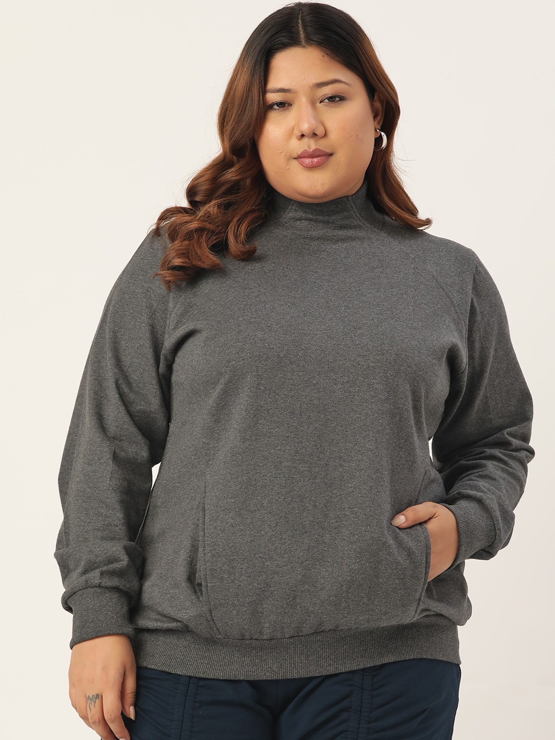 Women's Plus Size Charcoal Grey Solid Color Fleece Winter Ribbed Sweatshirt