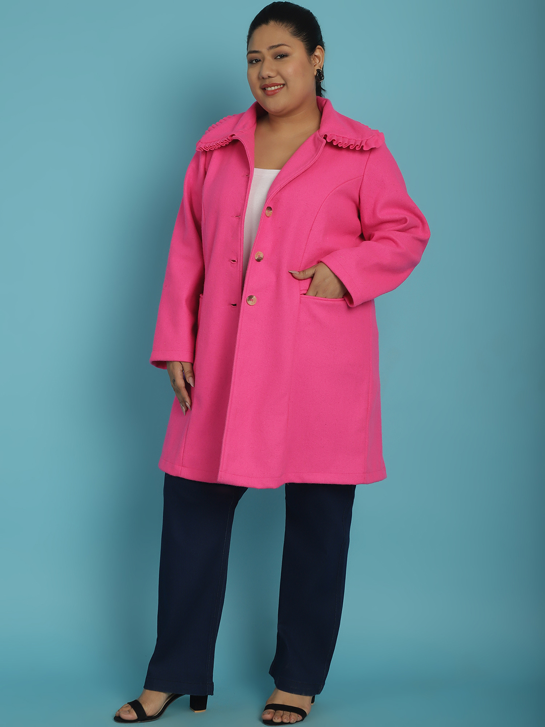 Women's Plus Size Dark Pink Solid Color Longline Felt Jacket