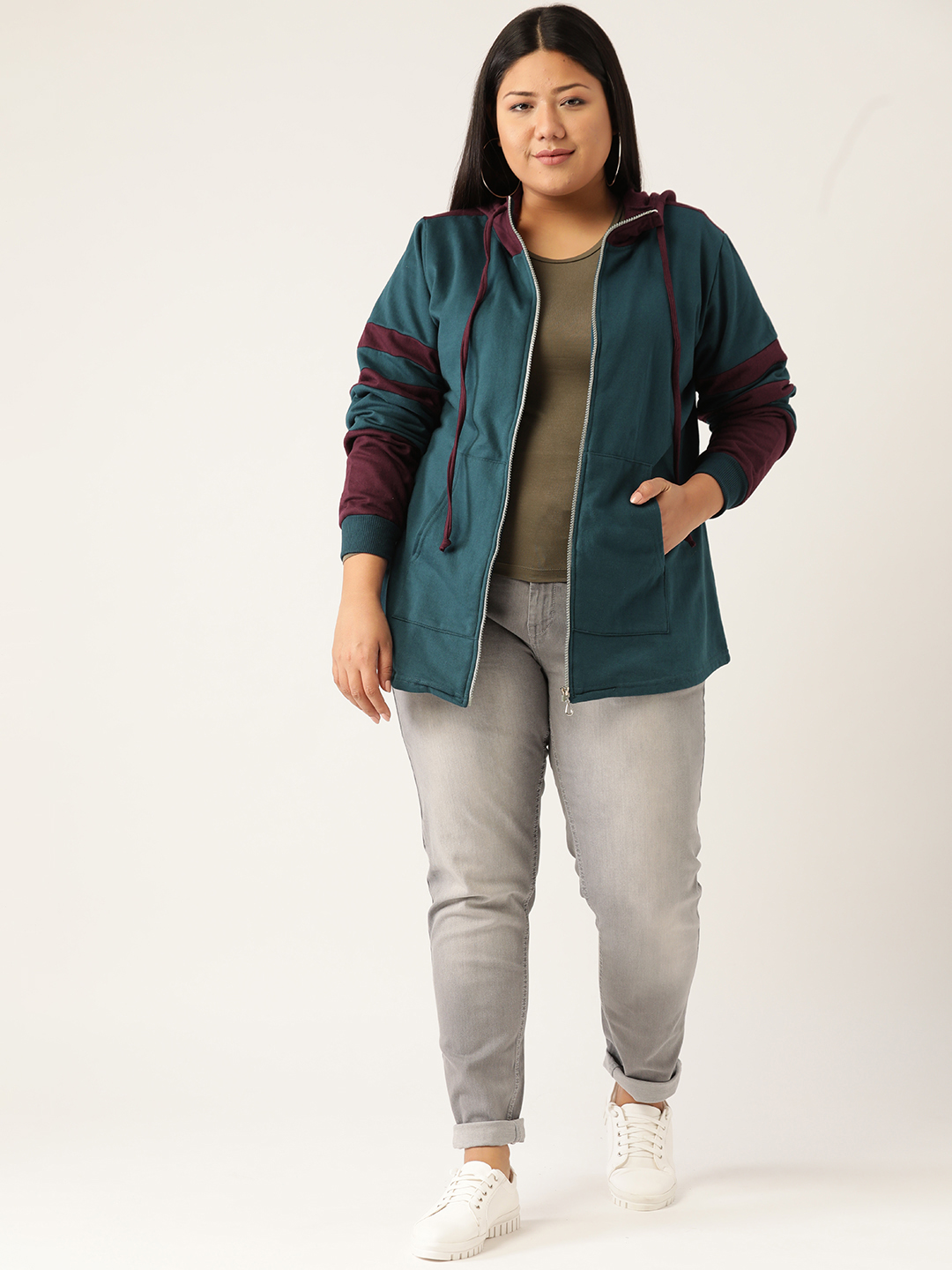Women's Plus Size Teal and Burgundy Solid Color Block Fleece Jackets
