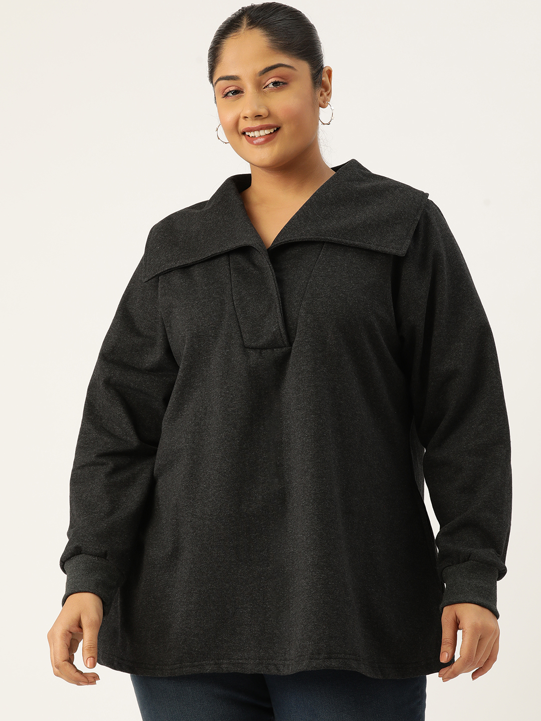 Women's Plus Size Charcoal Grey Solid Color Knitted Winter Top