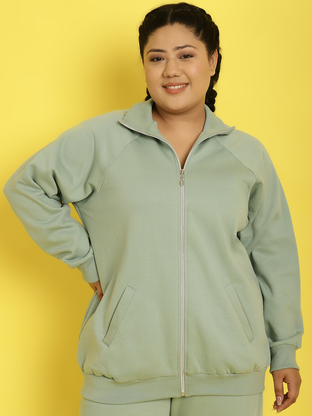 Women's Plus Size Light Green Solid Color Fleece Winter Jacket