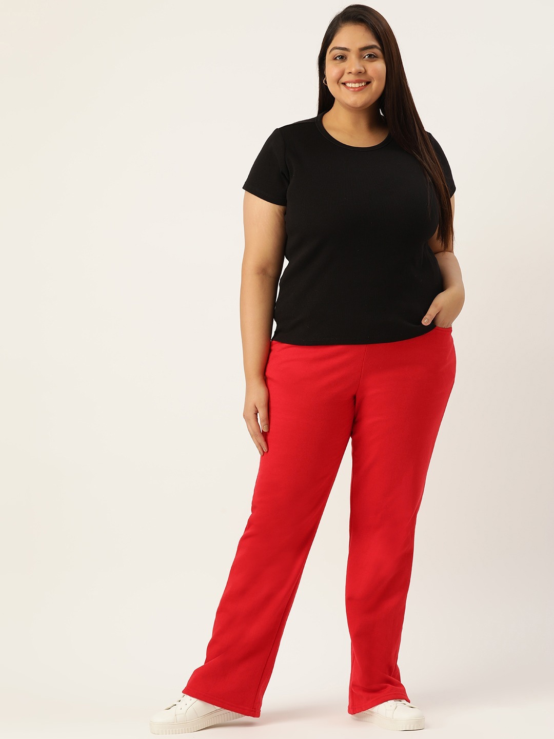Women's Plus Size Red solid color knitted fleece trousers