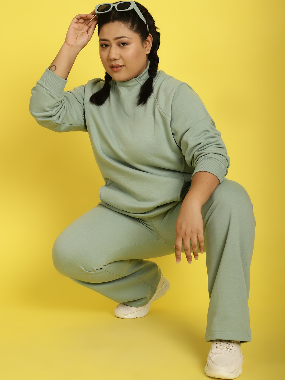 Women's Plus Size Light Green solid color knitted fleece trousers