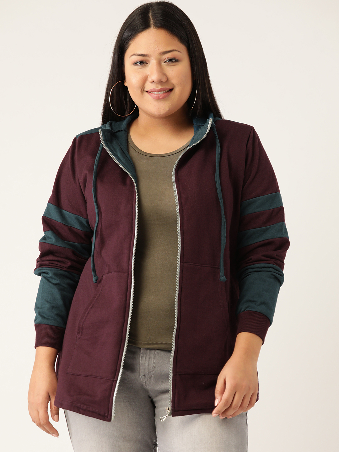 Women's Plus Size Burgundy and Teal Solid Color Block Fleece Jackets