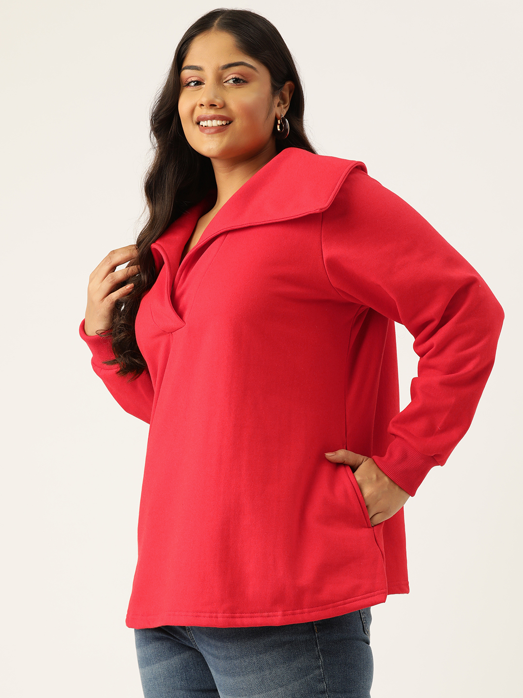 Women's Plus Size Red Solid Color Knitted Winter Top