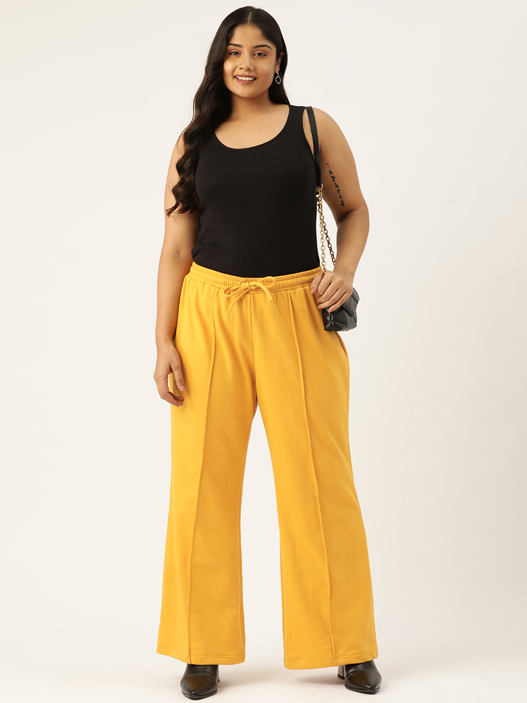 Women's Plus Size Yellow Solid Color Fleece Winter Trouser