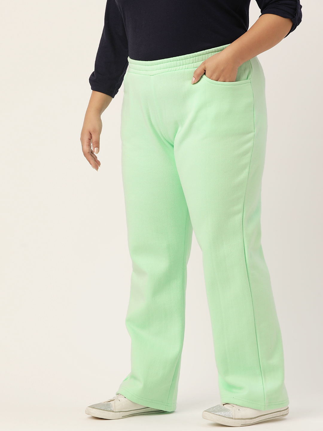 Women's Plus Size Sea Green solid color knitted fleece trousers