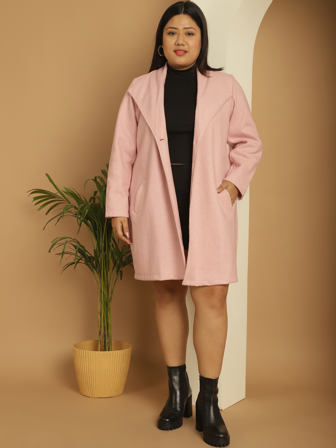 Women's Plus Size Pink Solid Color Single breasted Longline Felt Jacket