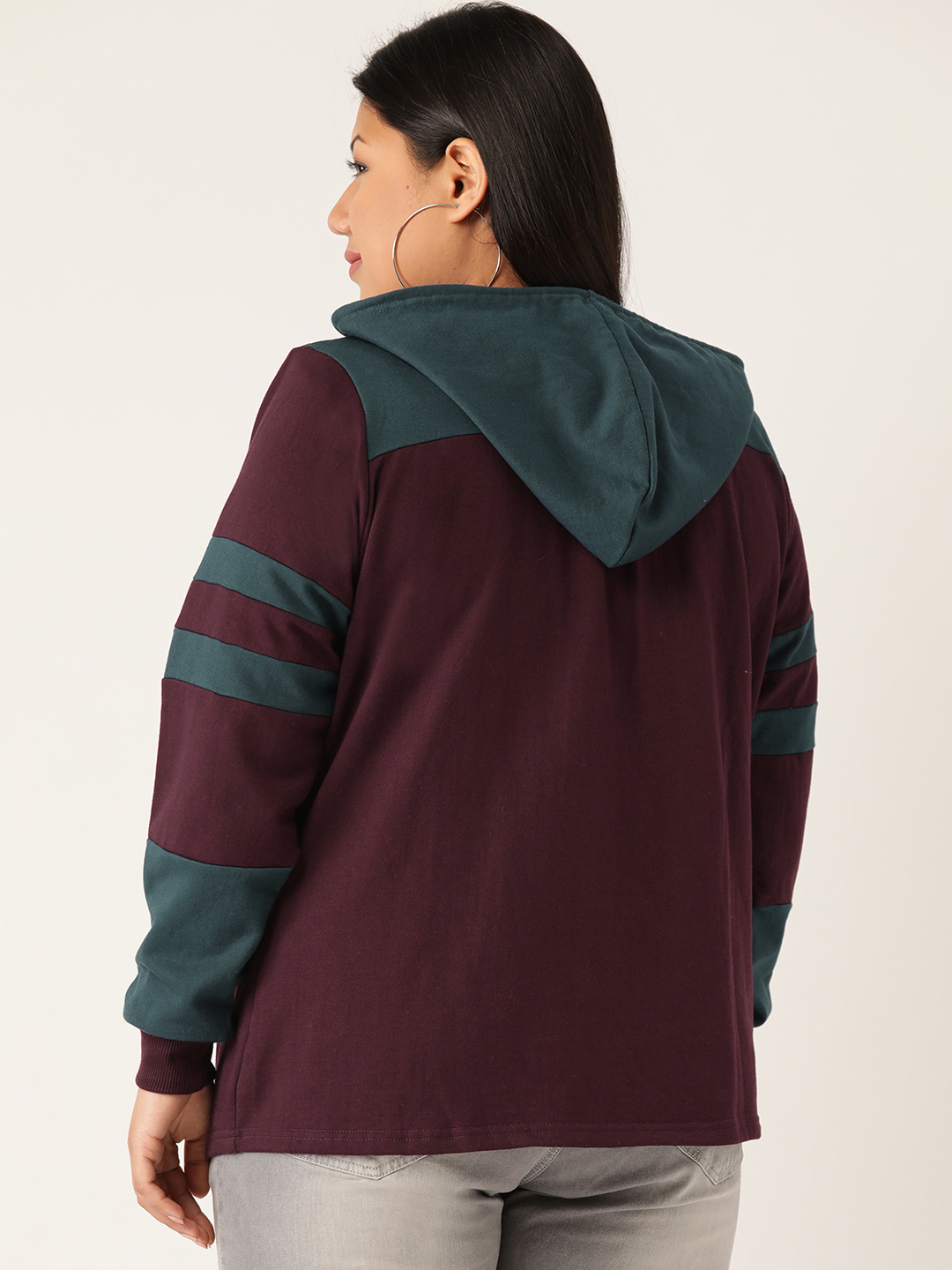 Women's Plus Size Burgundy and Teal Solid Color Block Fleece Jackets