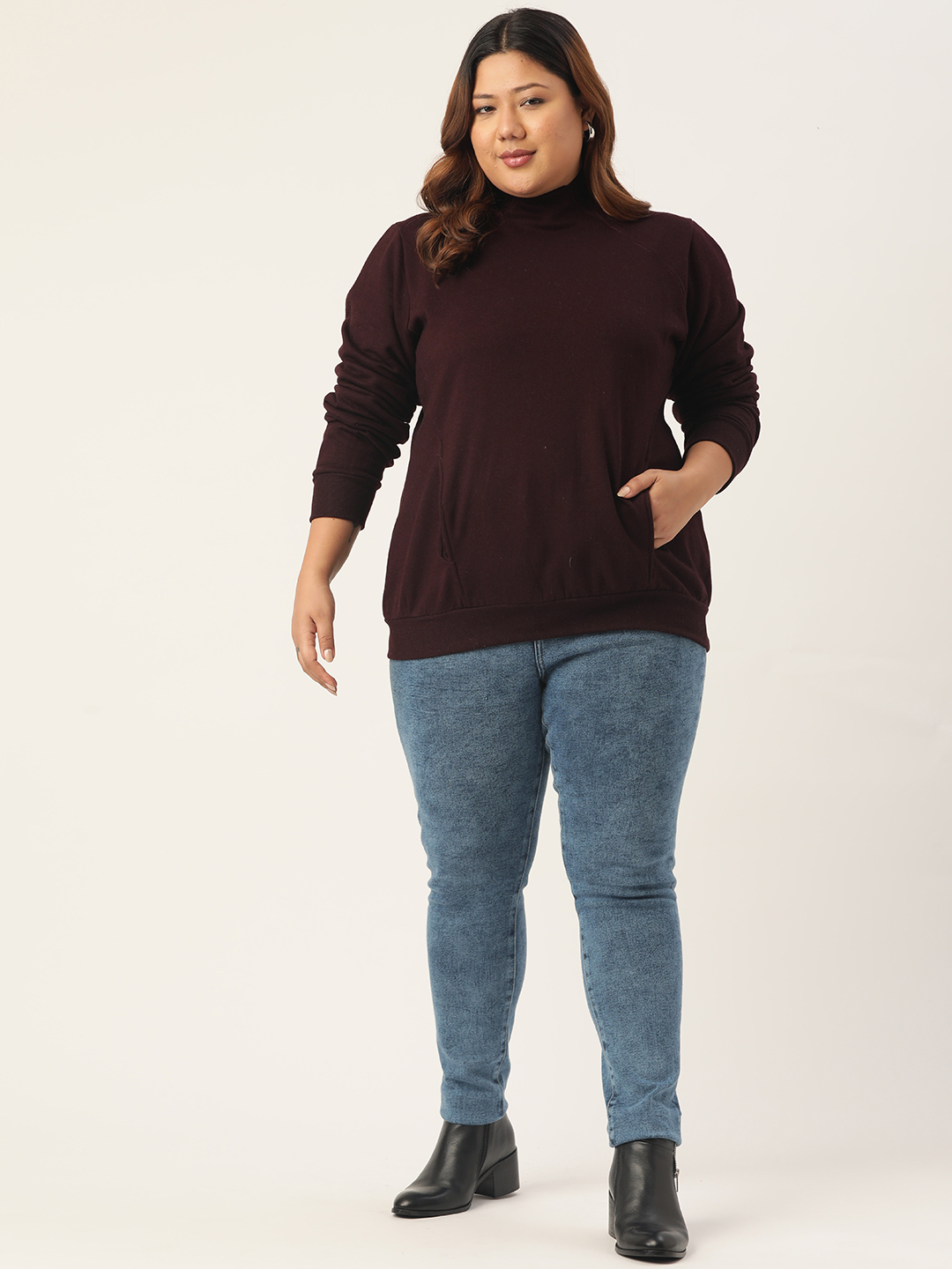 Women's Plus Size Plum Solid Color Fleece Winter Ribbed Sweatshirt