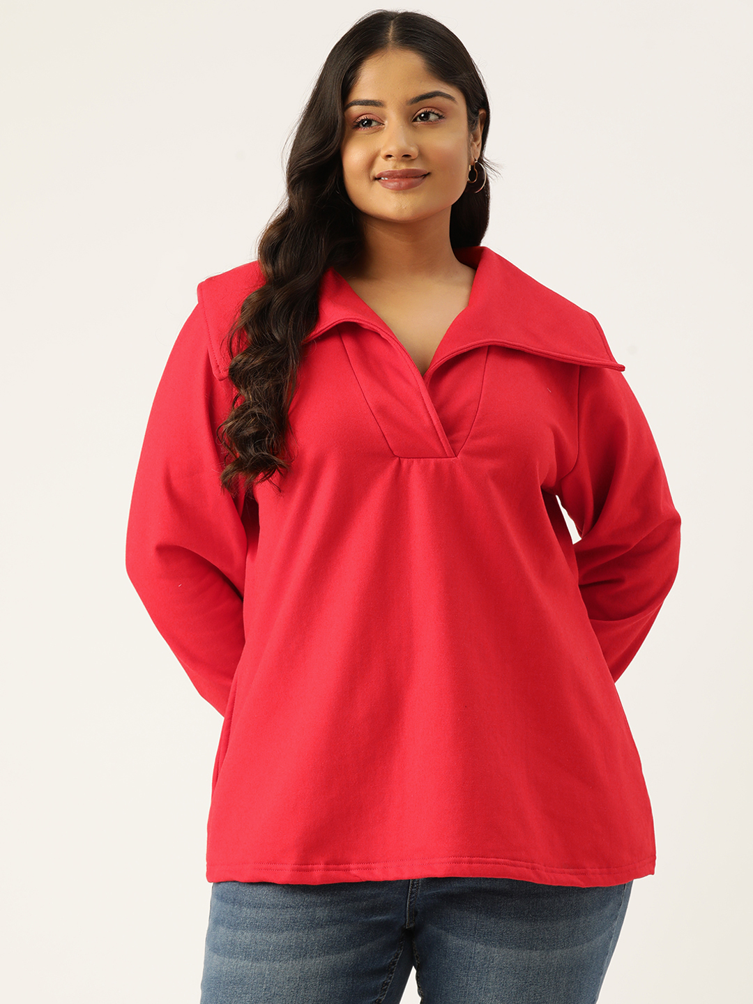 Women's Plus Size Red Solid Color Knitted Winter Top