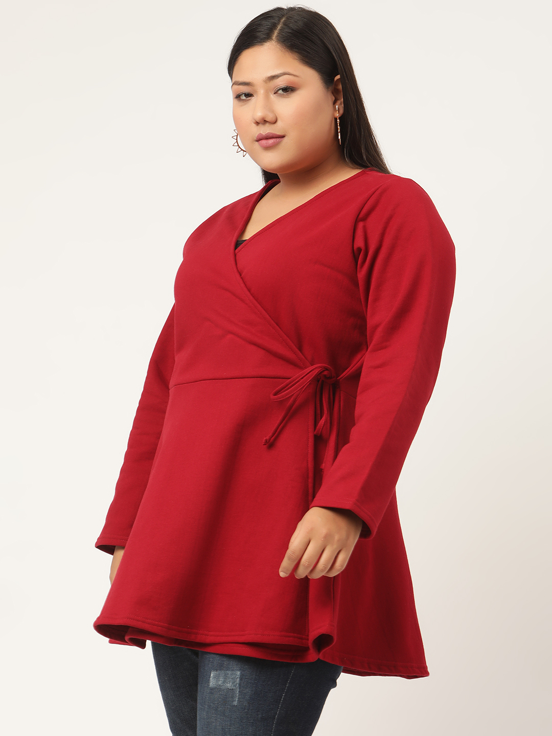 Women's Plus Size Maroon Solid Color Fleece Peplum Top