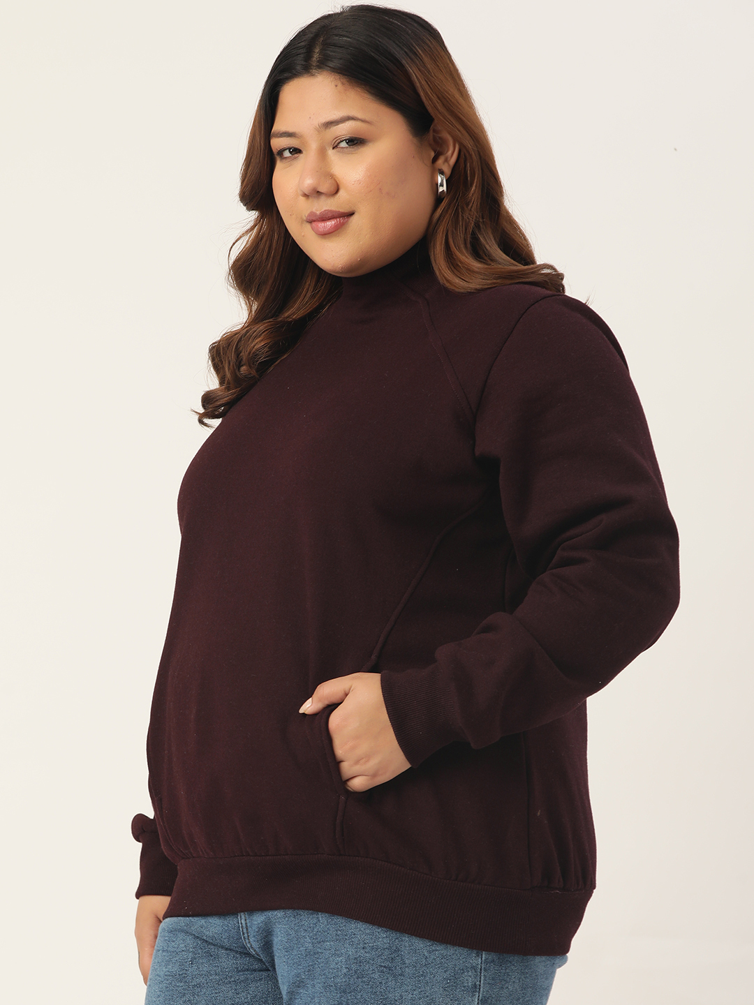 Women's Plus Size Plum Solid Color Fleece Winter Ribbed Sweatshirt