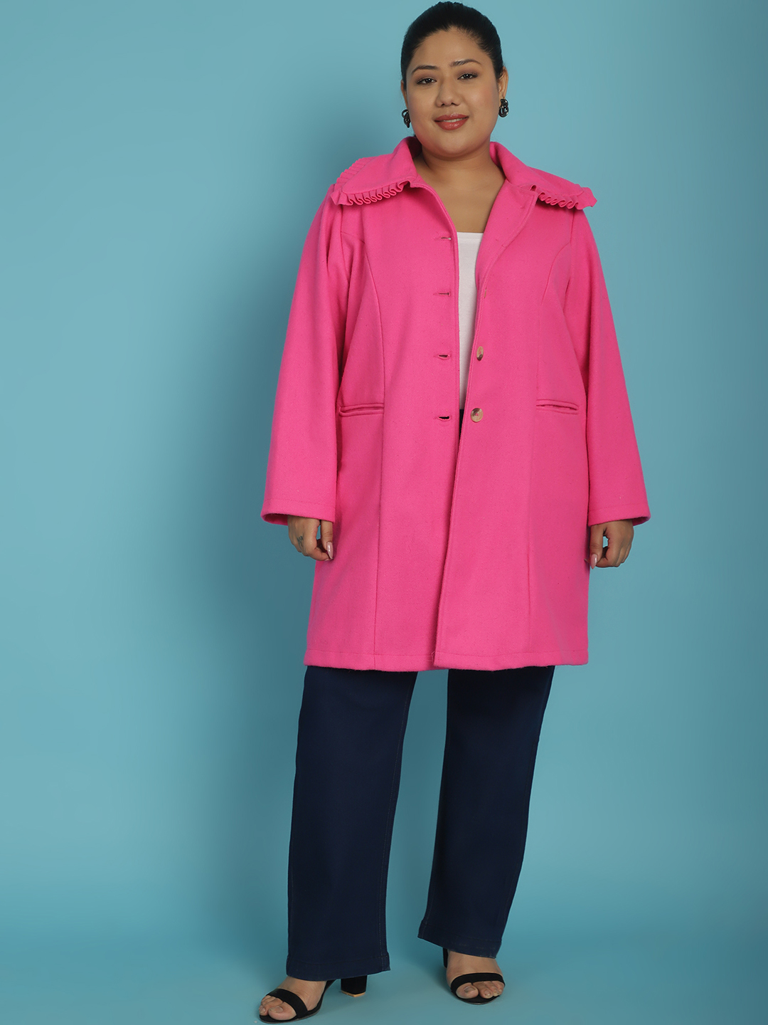 Women's Plus Size Dark Pink Solid Color Longline Felt Jacket