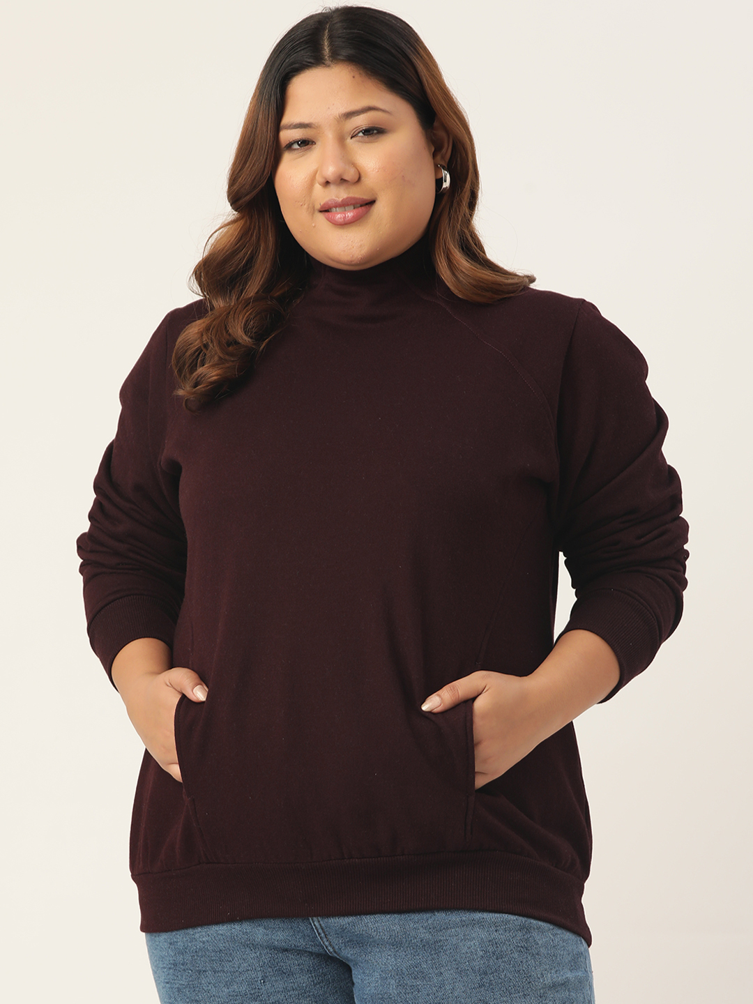 Women's Plus Size Plum Solid Color Fleece Winter Ribbed Sweatshirt