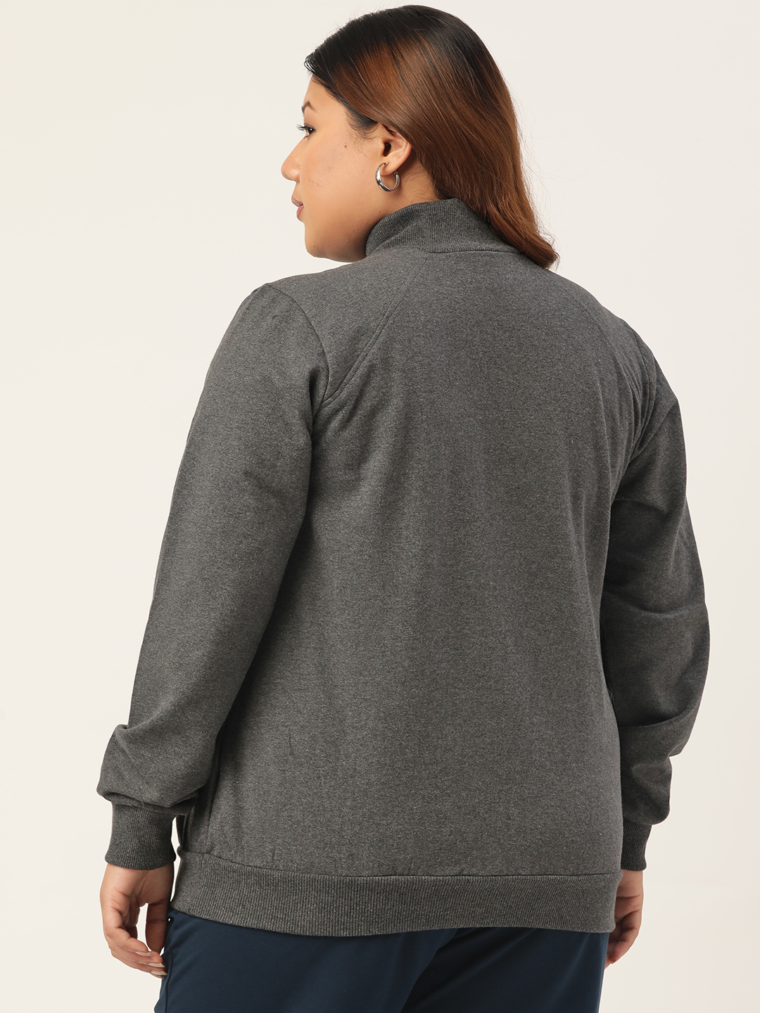 Women's Plus Size Charcoal Grey Solid Color Fleece Winter Ribbed Sweatshirt