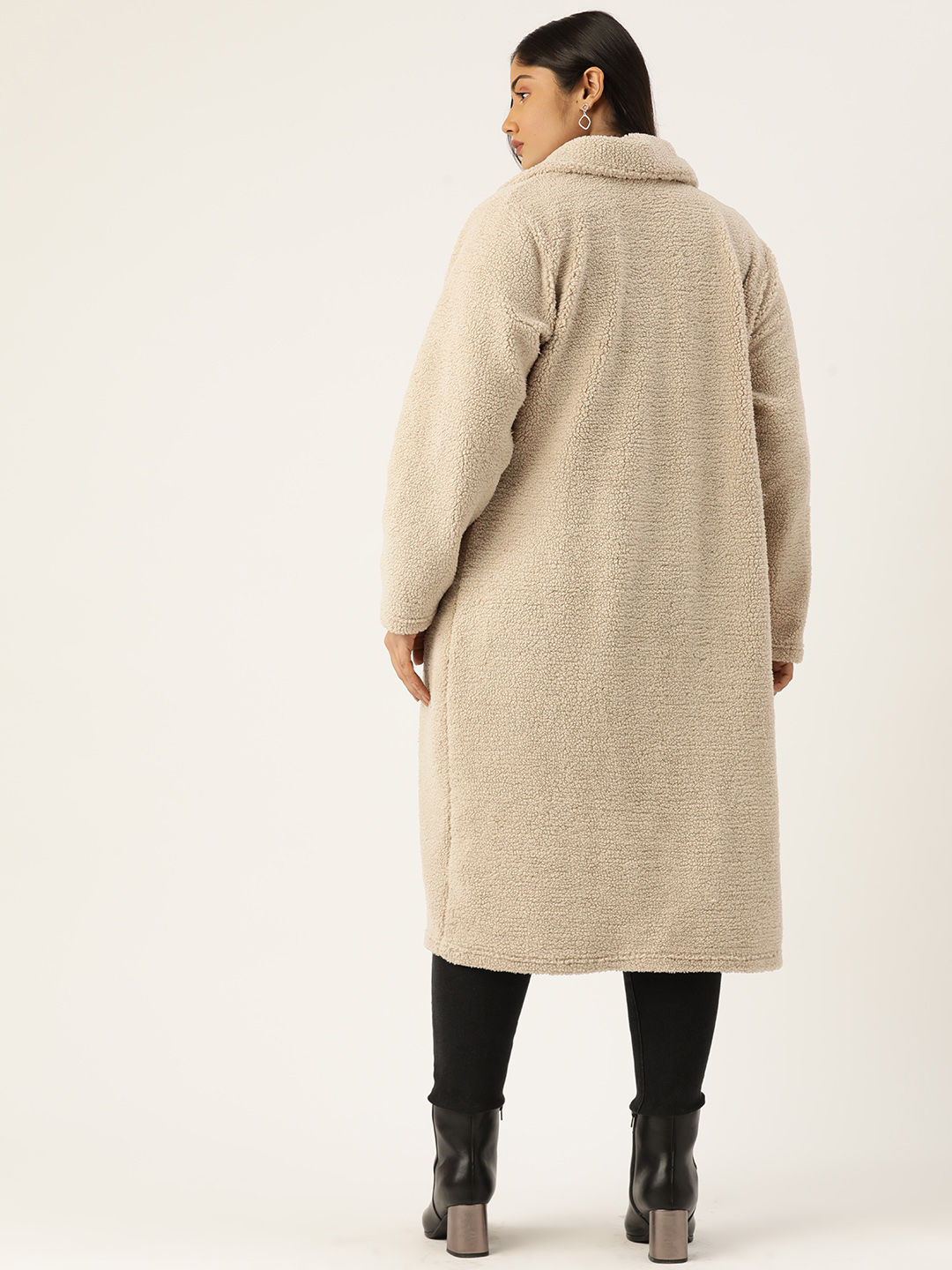 Women's Plus Size Off White Color Teddy Winter Longline Jacket