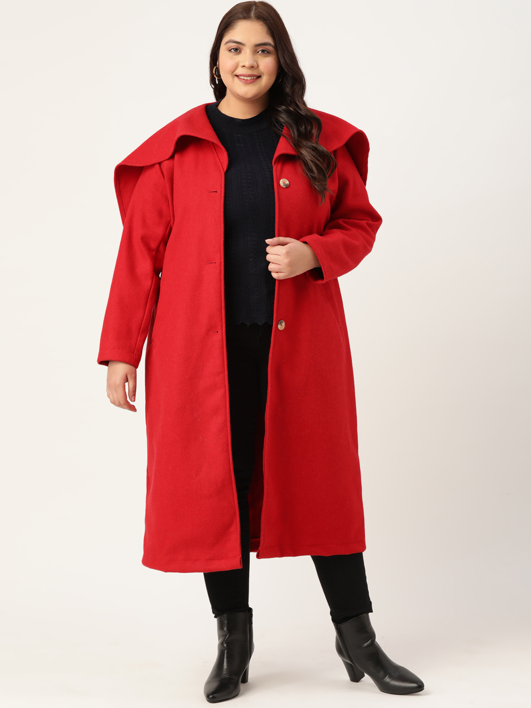 Women's Plus Size Red Solid Color Longline Felt Jacket