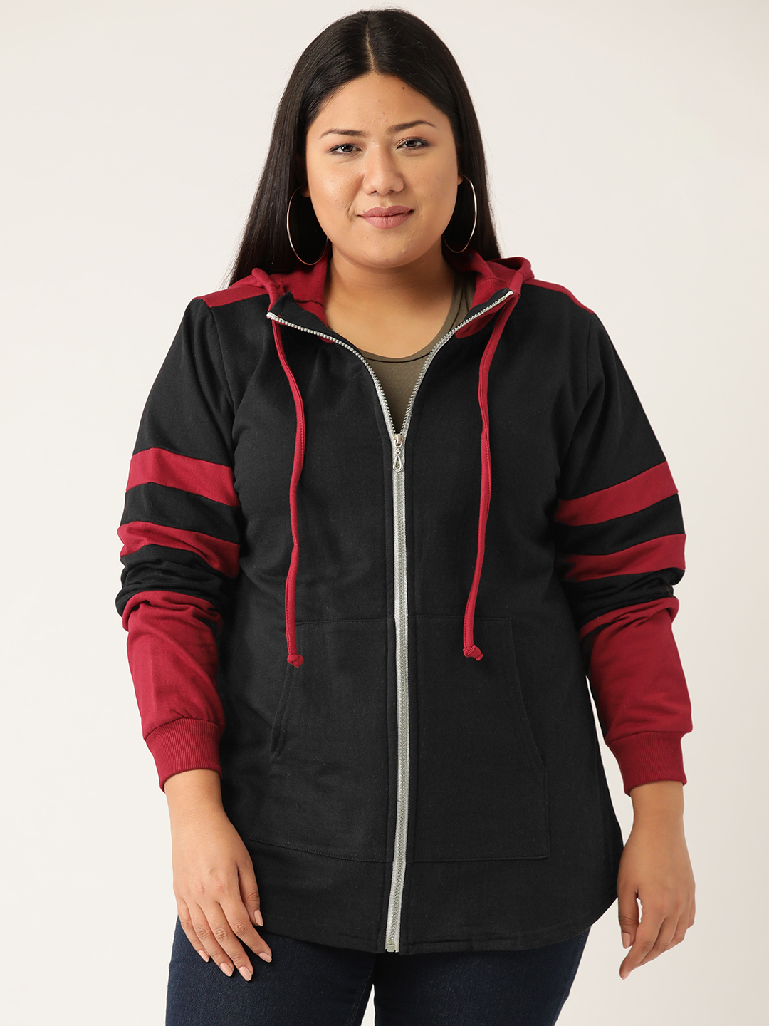 Women's Plus Size Black and Maroon Solid Color Block Fleece Jackets