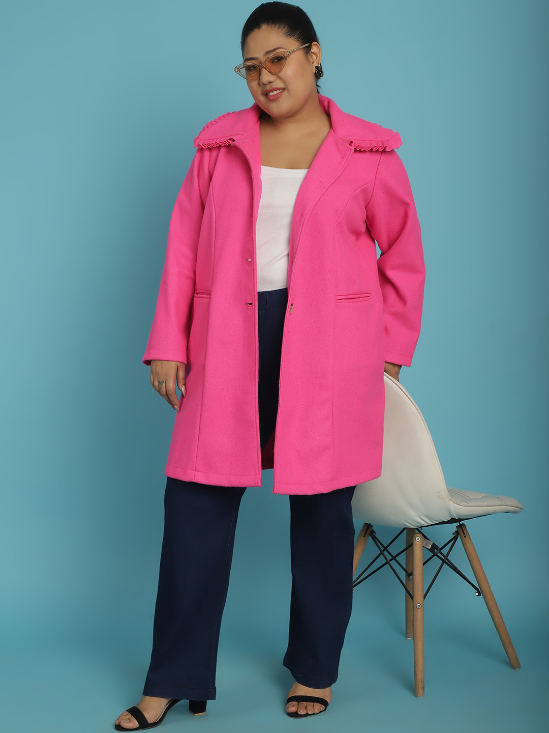 Women's Plus Size Dark Pink Solid Color Longline Felt Jacket