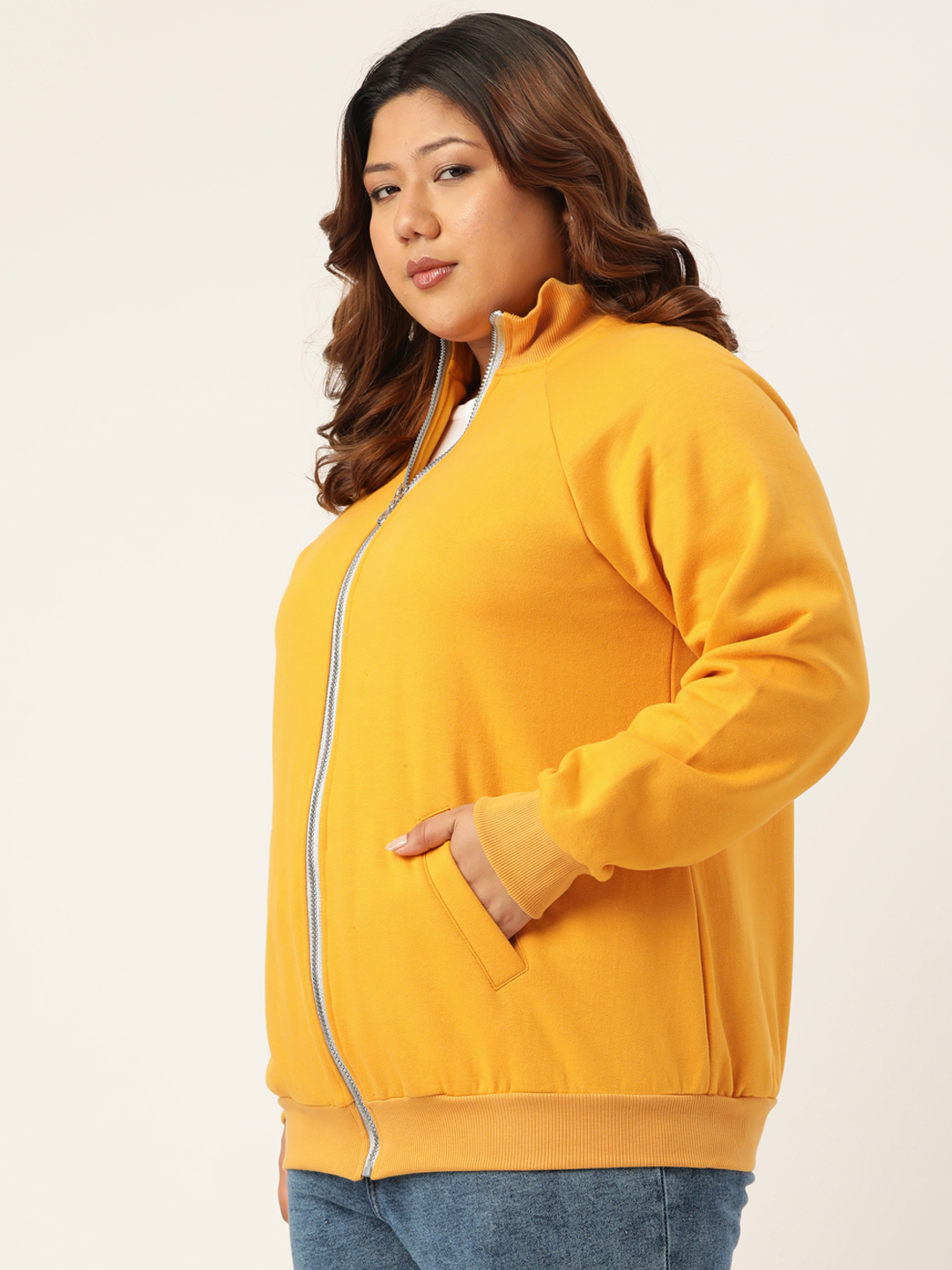Women's Plus Size Yellow Solid Color Fleece Winter Jacket