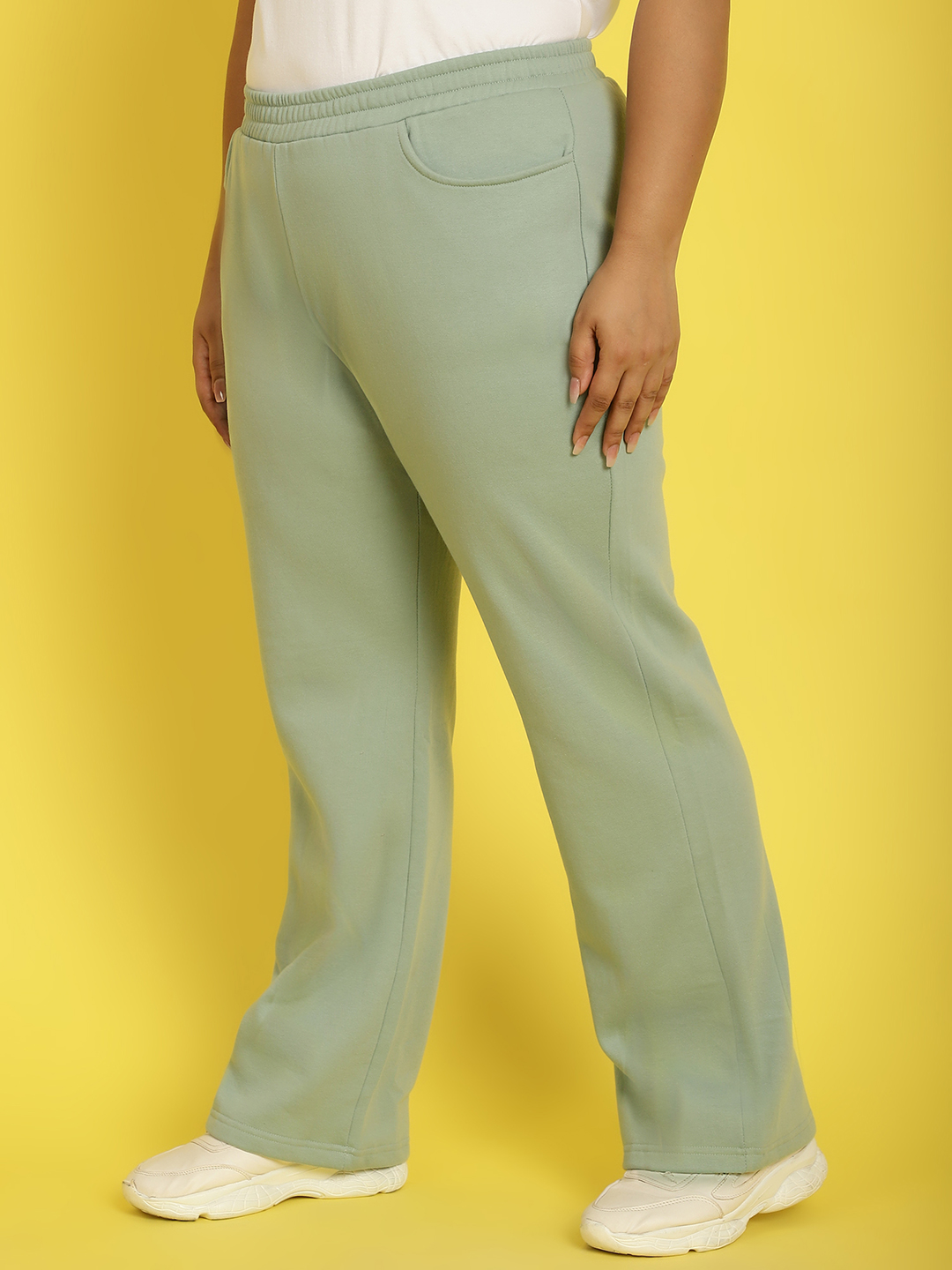 Women's Plus Size Light Green solid color knitted fleece trousers