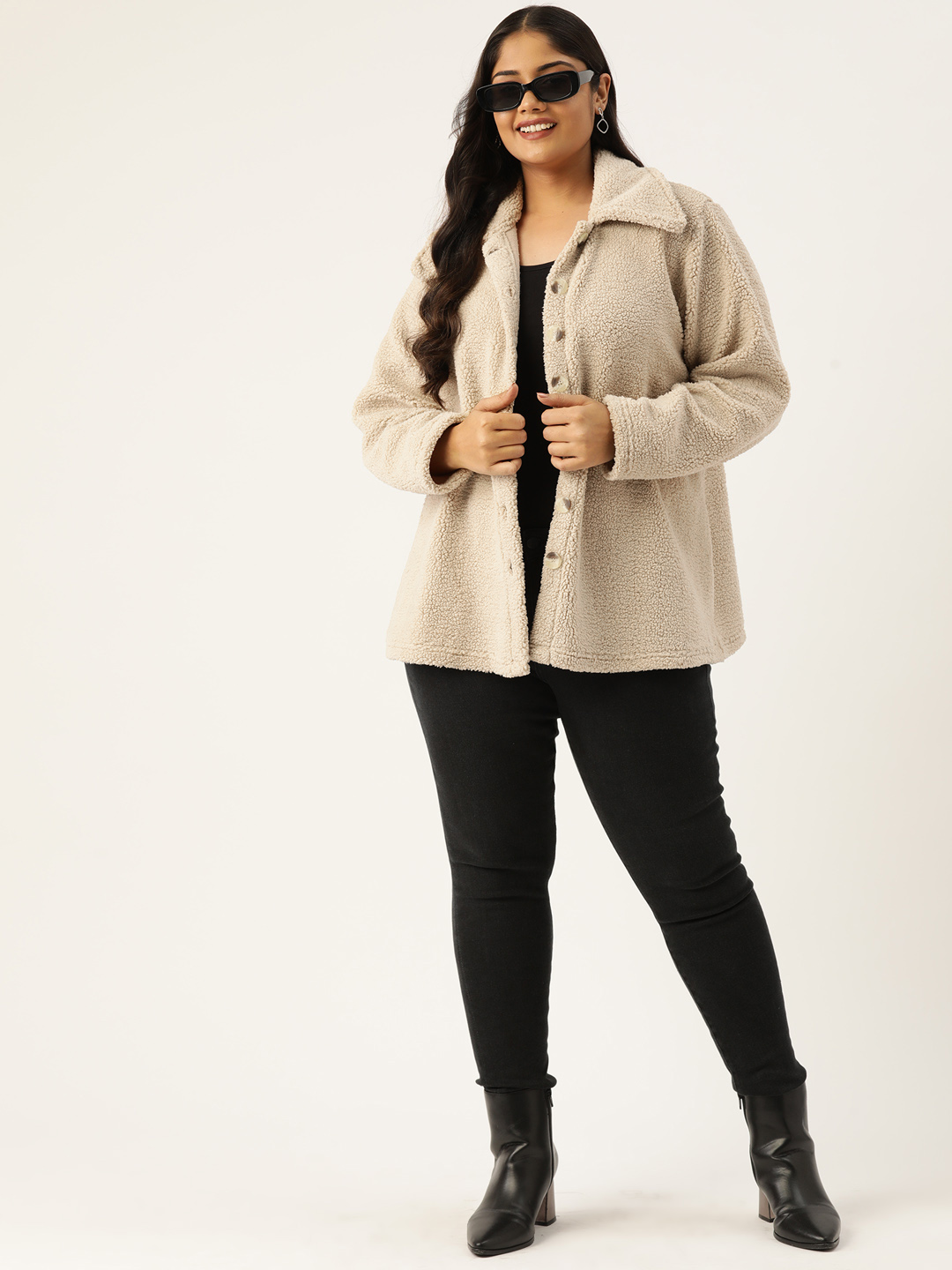 Women's Plus Size Off White Color Teddy Winter Jacket