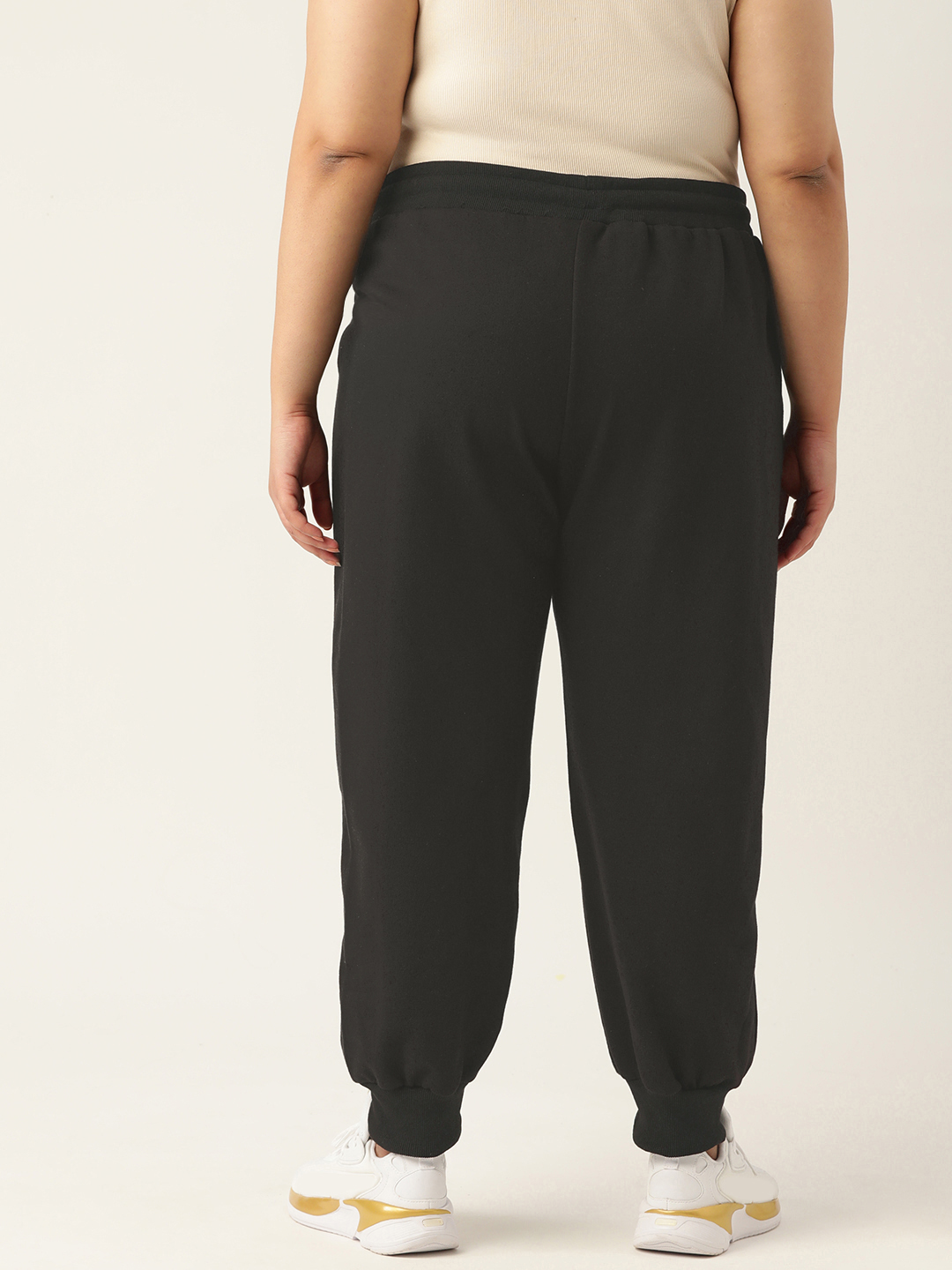Women's Plus Size Black Solid Color Fleece Winter Tapered Trouser