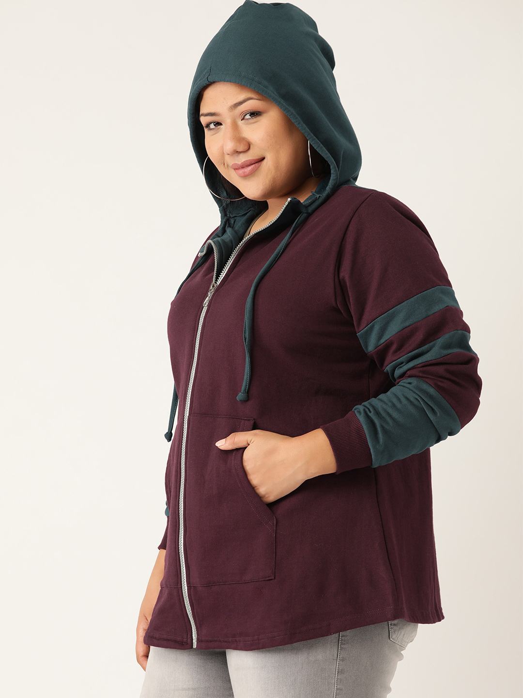Women's Plus Size Burgundy and Teal Solid Color Block Fleece Jackets