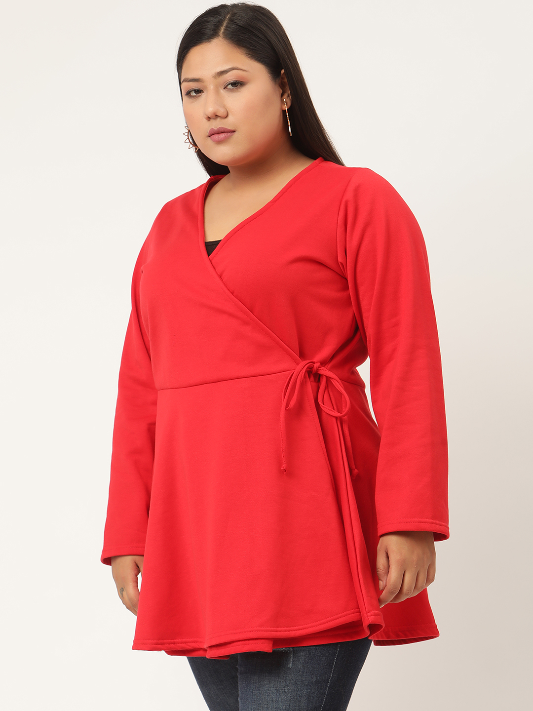 Women's Plus Size Red Solid Color Fleece Peplum Top