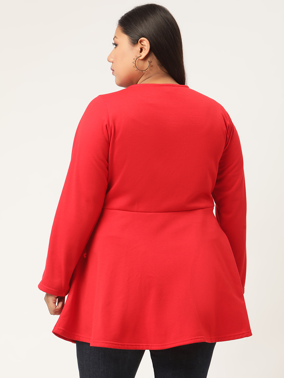 Women's Plus Size Red Solid Color Fleece Peplum Top