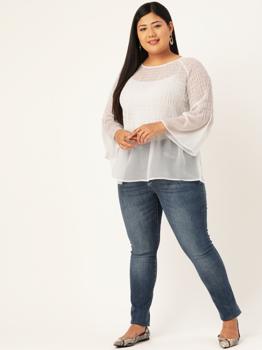 Women's Plus Size White Solid Color Semi Sheer Smocked A-Line Top