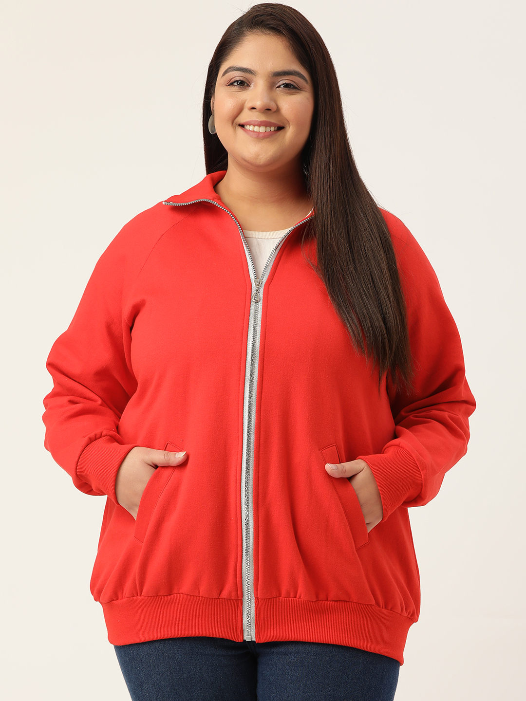 Women's Plus Size Red Solid Color Fleece Winter Jacket