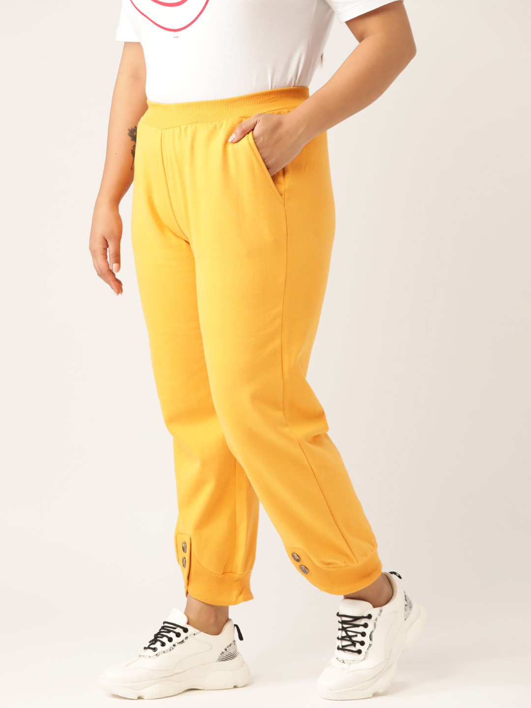Women's Plus Size Mustard Solid Color Knitted Winter Trouser