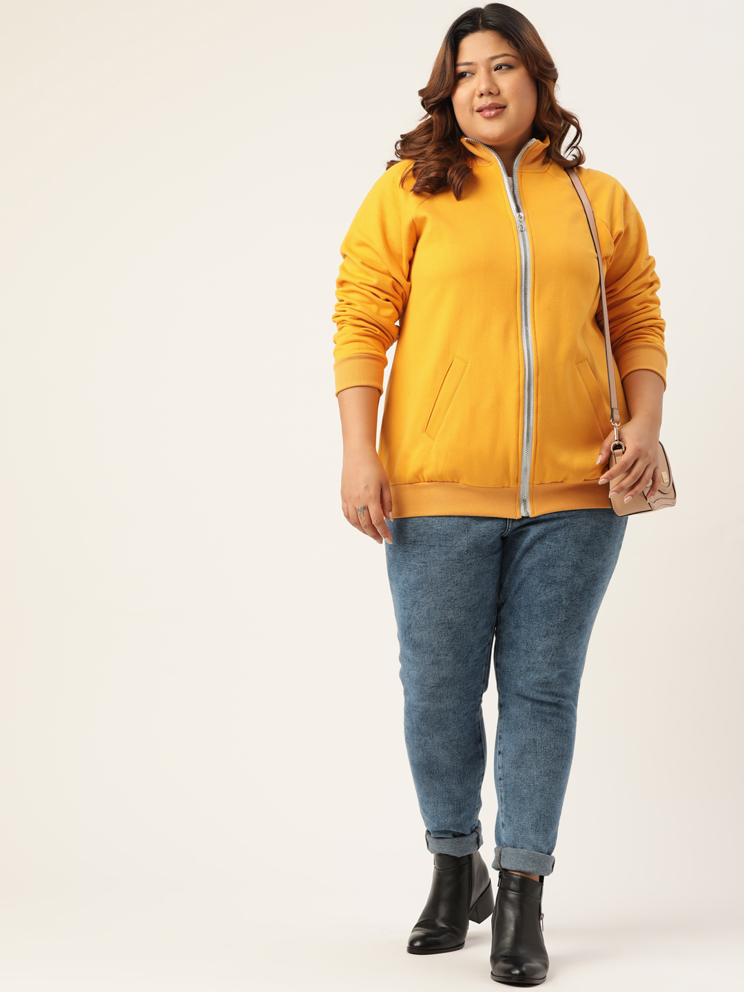 Women's Plus Size Yellow Solid Color Fleece Winter Jacket