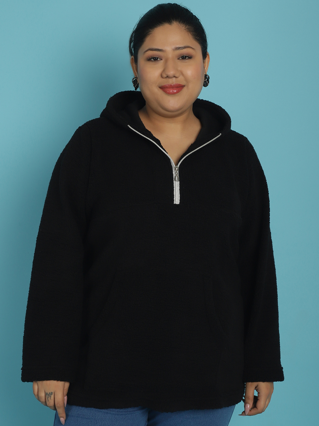 Women's Plus Size Black solid color Teddy Sweatshirt