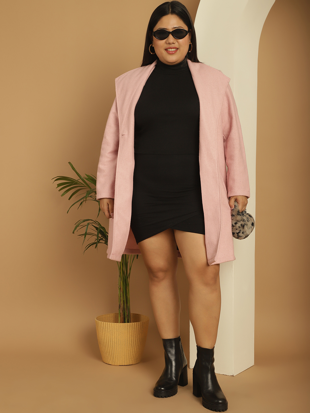 Women's Plus Size Pink Solid Color Single breasted Longline Felt Jacket