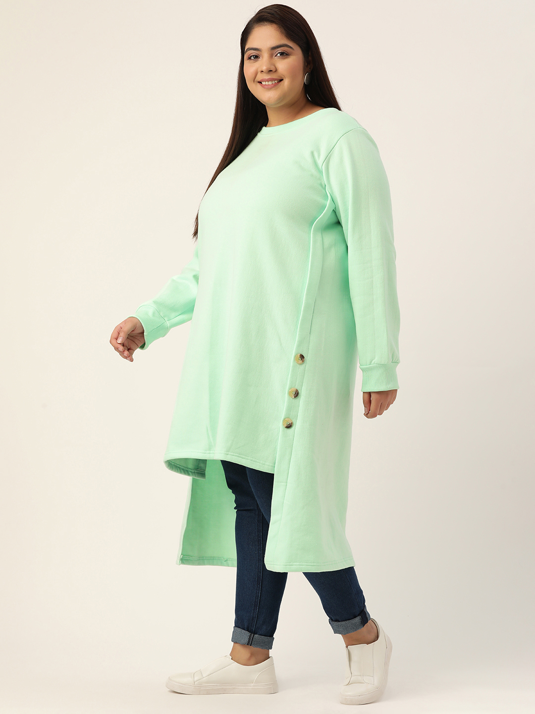 Women's Plus Size Sea Green Solid Color Fleece Winter Longline Top