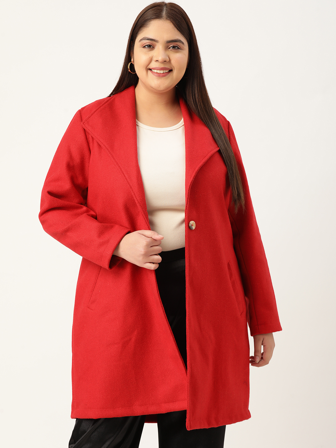 Women's Plus Size Red Solid Color Single breasted Longline Felt Jacket