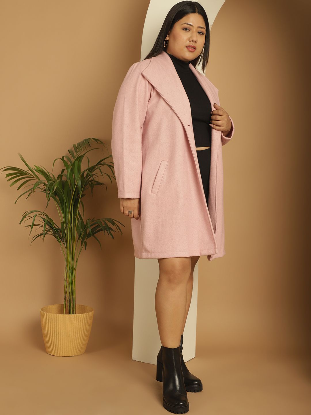 Women's Plus Size Pink Solid Color Single breasted Longline Felt Jacket